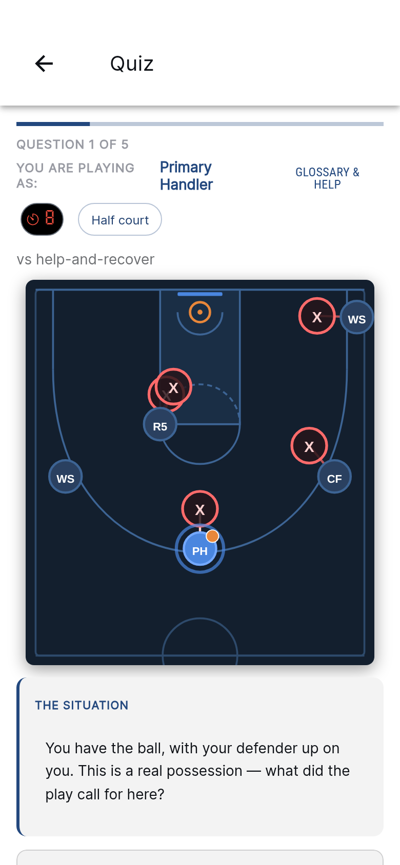 A possession frozen at the moment of decision, with four options