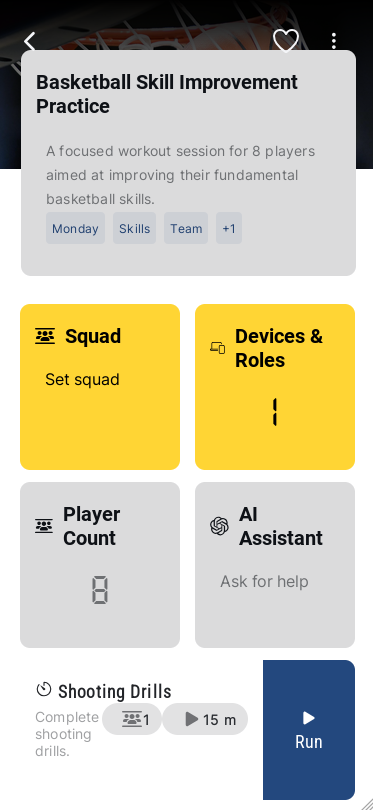 ClipboardIQ generated practice plan showing drills with squad, devices, player count, and run button