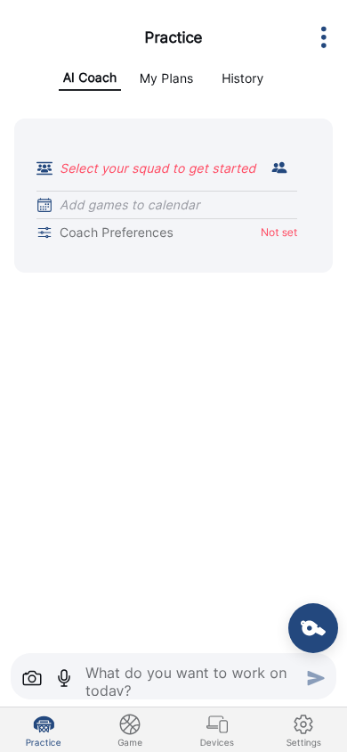 ClipboardIQ AI Coach screen showing the Practice tab with AI Coach, My Plans, and History tabs